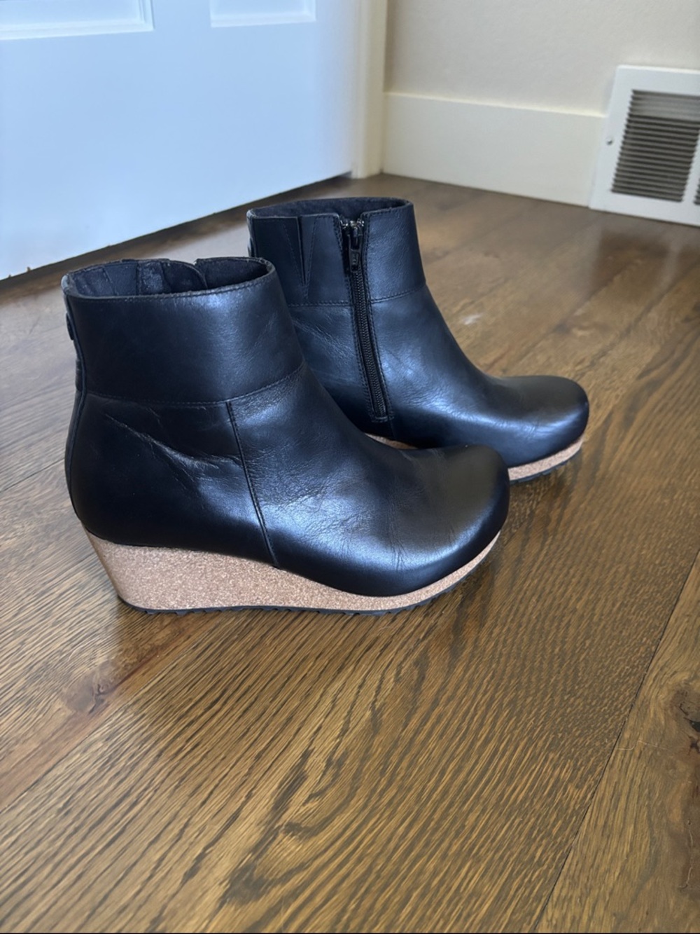 Birkenstock Black Leather "Ebba" Wedge Booties with Cork Heel, Size 38 Or 7.5.